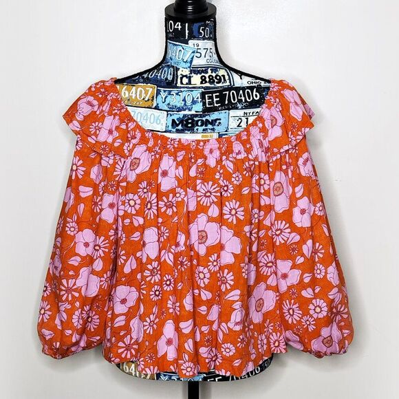 FREE PEOPLE Miss Daisy Floral Ruffle Top Off Shoulder Puff Sleeve Heat Wave Sz M - Picture 2 of 16